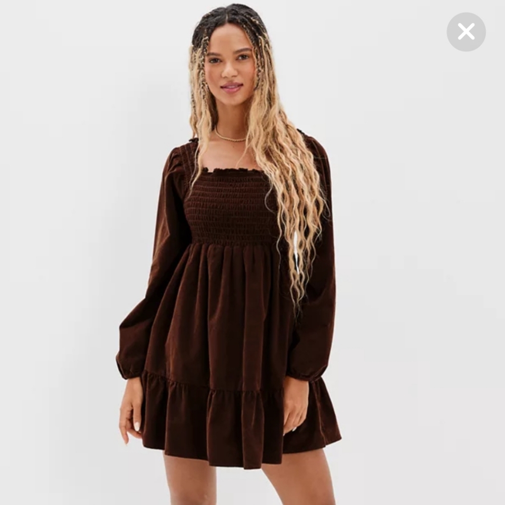 American Eagle Long Sleeve Dress Smocked Corduroy Brown Womens Medium Cotton